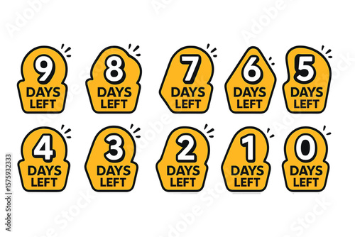 Countdown timer sticker collection. Number of days left for promotion sale banner. Vector template with badges from nine to zero. Last chance and final offer graphic set.