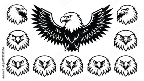 Eagle heads and wings black and white illustrations