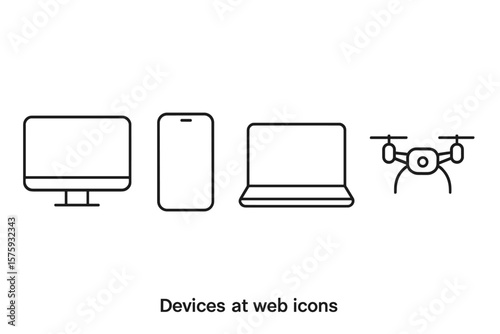 Device icon set in thin line style. Electronic gadgets for web and mobile app. Technology symbols. Computer monitor, smartphone, laptop, drone vector linear pictogram collection.