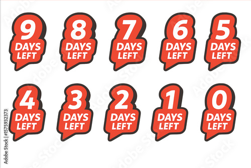 Days left countdown timer for sales and promotions. Vector sticker badge set with numbers from 0 to 9. Last minute offer banner. Limited time deal count down icon symbol.