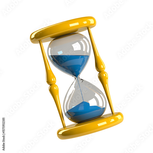 Yellow hourglass with blue sand against a transparent background showing time passing and concept of deadlines