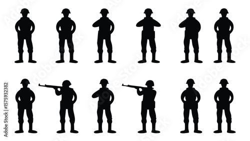 Eight black soldier silhouettes standing and aiming