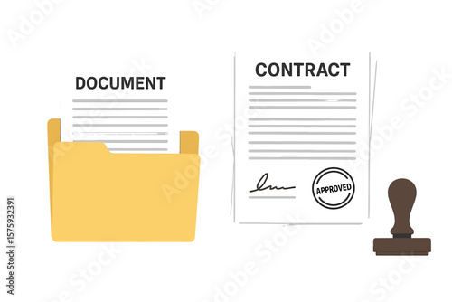 Contract papers with signature and approval stamp. Signed agreement documents in a folder. Business deal confirmation. Legal paperwork for partnership. Office icon vector.