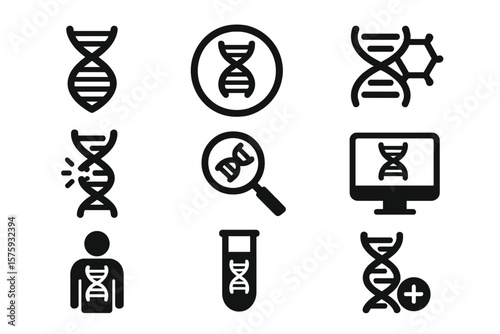 DNA icon set collection. Gene, genetics, chromosome. Biology, science, medicine concept. Genetic engineering, research, test, analysis. Human dna test tube pictogram symbol.