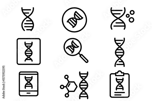 DNA helix and chromosome line icon set. Genetic research and biotechnology concept. Gene, genome and molecule pictogram collection. Biology science and medicine vector symbols.