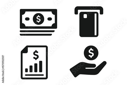 Finance icon set for web and mobile app. Money and payment concepts. Cash, credit card in ATM, financial report, investment growth chart, hand with coin. Solid glyph vector.