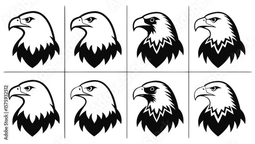Fierce eagle heads black and white illustrations bird
