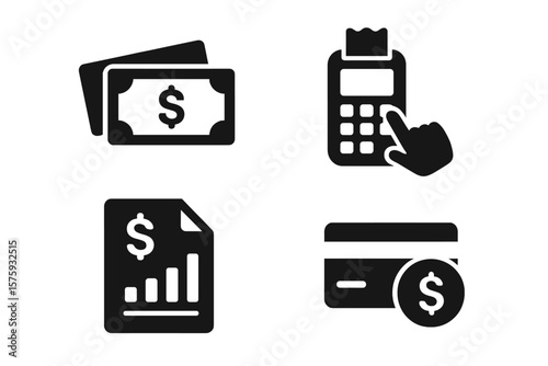 Finance and money solid glyph icon set. Payment method, financial report, credit card, cash, POS terminal icons for web and mobile app. Business and banking vector symbols.