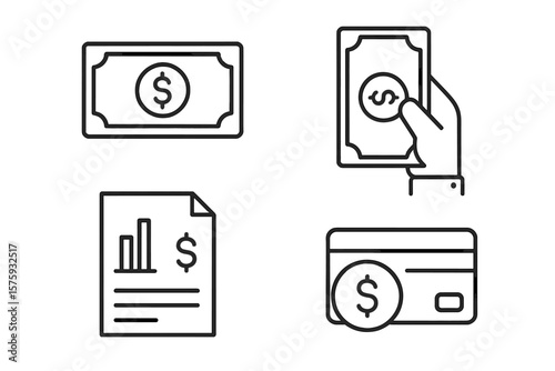 Finance icons set. Money, payment. Banking business concept. Financial report, analytics, budget. Pay with cash, credit card transaction. Thin line vector for web and mobile.
