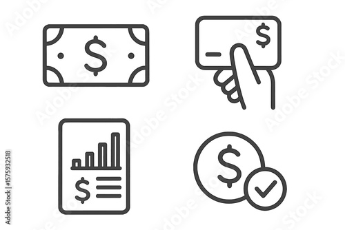 Finance and money line icon set. Business and banking thin line icons for web and mobile app design. Payment, financial report, pay with card, approved transaction concept.