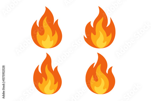 Fire flame icon set of 4. Vector fire symbols. Hot burn bonfire element. Danger warning sign. Campfire heat logo. Energy power symbol. Isolated vector illustration.
