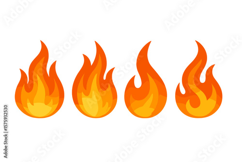 Set of four fire flame icons. Simple bonfire or campfire symbol. Burning hot element for design. Cartoon vector illustration. Danger, energy, and passion concept.