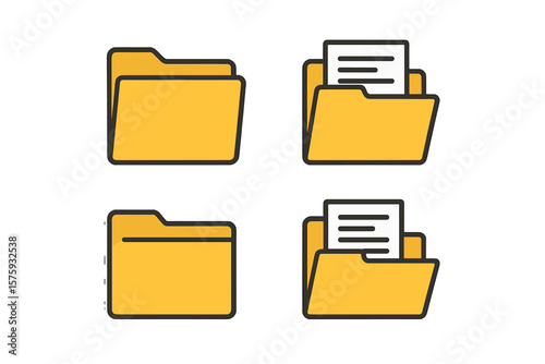 Set of folder icons. Open and closed folders with documents. Flat vector illustration for web design. Office data, file directory, storage, and archive symbol concept.