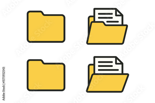 Folder icon set vector illustration. Open folder with documents and closed folder. Flat design. Data, file, directory, archive, storage, documents, office, business symbol.