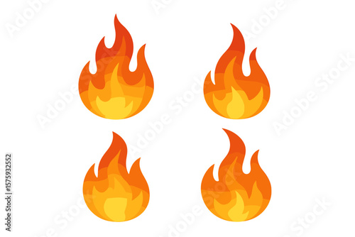 Fire flame icon set of 4. Vector illustration of fire symbols. Burning bonfire silhouette. Red hot flare. Campfire pictogram. Danger blaze sign. Heat energy concept logo.