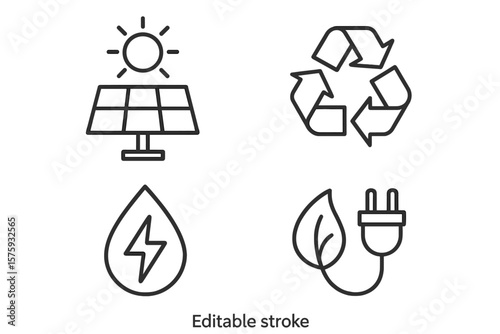 Green energy and ecology icon set. Thin line style symbols for web and mobile app. Solar panel, recycle, hydro power, and bio electricity concepts. Editable stroke vector.