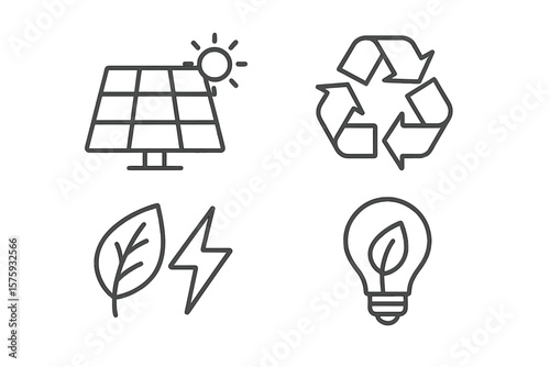 Green energy and ecology icon set in thin line style. Vector concepts of renewable and sustainable sources. Solar panel, recycle symbol, bio power, and eco-friendly lightbulb.