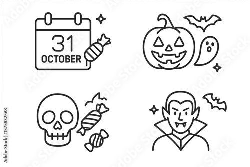 Halloween linear icon set. Spooky holiday graphics. Trick or treat symbols. 31 October event. Pumpkin, ghost, vampire, skull, bat, candy outline icons. Simple minimal vector.