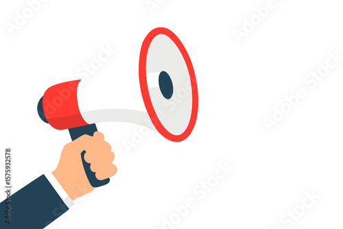 Hand holding a megaphone for business promotion and advertising. Loudspeaker or bullhorn symbol for announcement, alert, or social media marketing. Vector with copy space.
