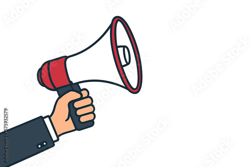 Hand holding a megaphone with copy space. Loudspeaker or bullhorn for alert and announcement. Business advertising, promotion, and social media marketing vector concept.