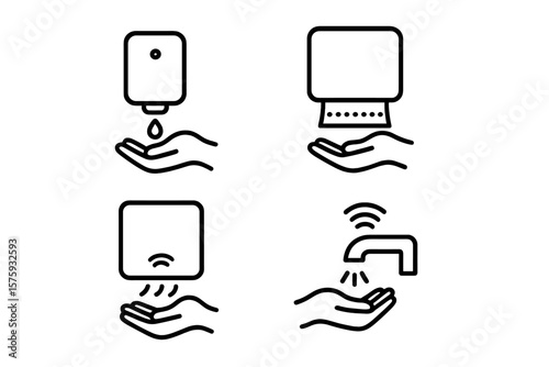 Contactless hand wash icon set. Automatic soap and sanitizer dispenser, paper towel, electric hand dryer, sensor water tap pictogram. Hygiene and sanitation vector symbols.