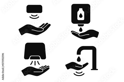 Set of contactless icons. Automatic sensor soap dispenser, water tap, and hand dryer. Vector illustration for public restroom hygiene and touchless hand washing concept.