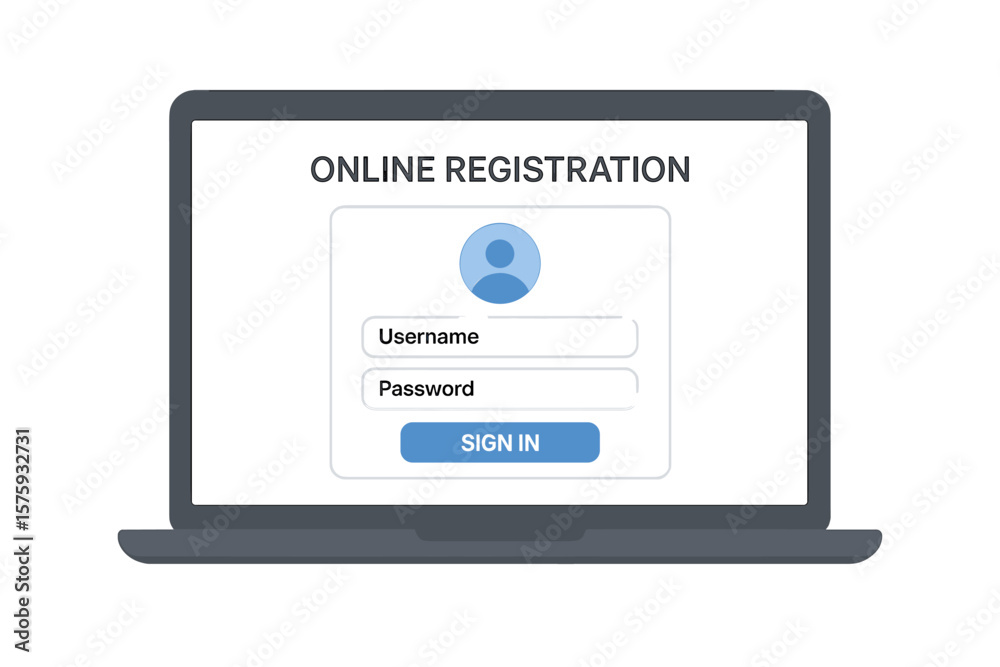 Online Registration Login Form on Laptop, User Authorization Window, Secure Sign In Page, Account Access Authentication, Username Password Entry, Digital Security Concept Online Registration Login Form on Laptop, User Authorization Window, Secure Sign In Page, Account Access Authentication, Username Password Entry, Digital Security Concept