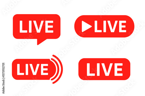 Live Streaming Icons Set. Red Social Media Live Badges. Broadcast, Webinar, Online Streaming, TV Show, Video Stream, Play Button, Signal, Internet, Webcast Template