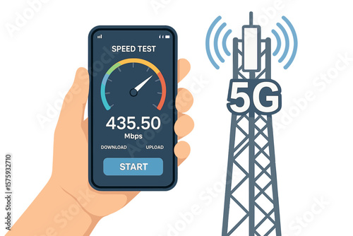 5G Wireless Network Speed Test on Smartphone. Hand Holding Mobile Device Measuring High Speed Internet Near Communication Tower. Fast Download Upload Mbps. Next Generation Technology