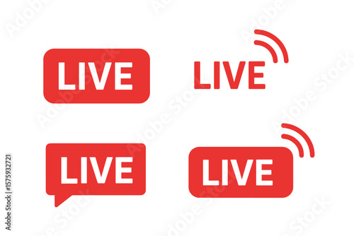 Live Streaming Icon Set. Red Live Broadcast Badges. Social Media Live Video, Online Webinar, TV Show Streaming, Broadcast Symbols, Internet Event, Real-Time Streaming, Webcast, Online Video