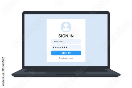 Laptop with login and password form on screen, user authentication, sign in page, registration form, online account access, secure login, username and password entry concept