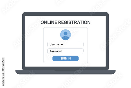 Online Registration Login Form on Laptop, User Authorization Window, Secure Sign In Page, Account Access Authentication, Username Password Entry, Digital Security Concept