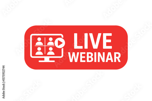 Live webinar button icon. Online video conference, internet broadcast, live stream, distance education, online meeting, virtual event, digital training, streaming symbol