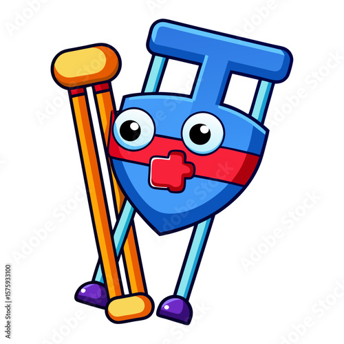 Blue shield character with crutches and red stripe cartoon medical