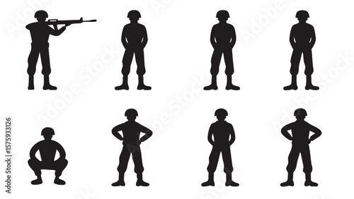 Soldiers black silhouettes various poses white background