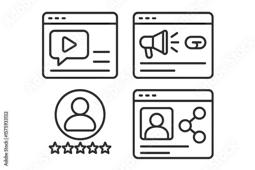 Social Media Marketing Web Icons Set. Line Style Vector. Video Content, Digital Advertising, Profile Rating, Online Networking, User Interface, Web Communication, Business Promotion