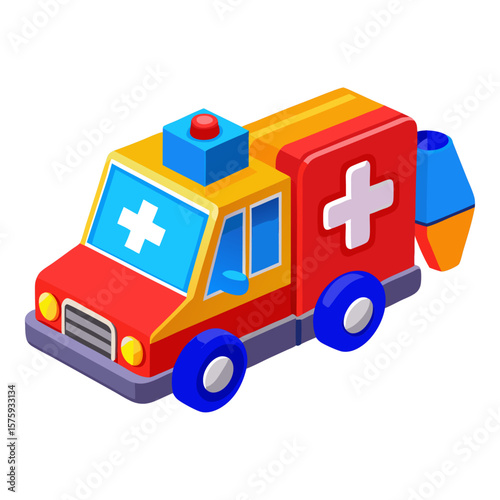 Cartoon ambulance with medical cross and flashing light emergency vehicle