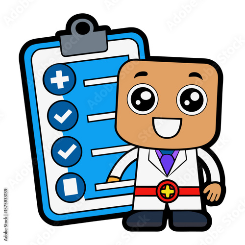 Cartoon doctor with clipboard and medical symbols checklist plus sign