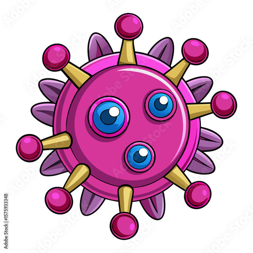 Cartoon virus with pink body blue eyes and purple spikes vector