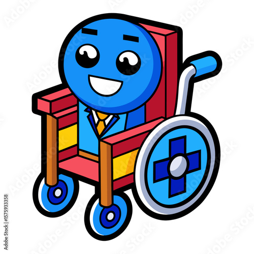 Cheerful blue character in wheelchair with medical symbol cartoon health