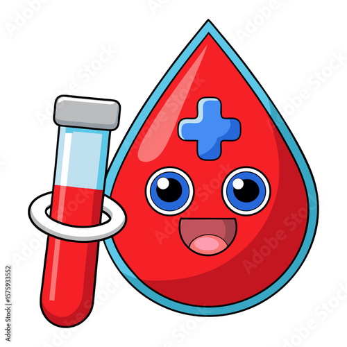 Happy red blood drop with blue cross and test tube cartoon smiling
