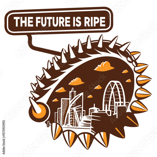 Creative illustration of urban skyline with spiky fruit design