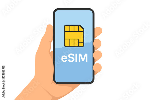 Hand Holding Smartphone with eSIM Icon, Embedded SIM Card Technology Concept, Modern Mobile Communication, Digital SIM Integration, Wireless Connectivity, Vector Illustration