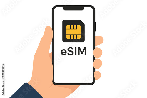 Hand Holding Smartphone Displaying eSIM Icon. Embedded SIM Card Technology. Modern Mobile Communication, Digital SIM, Wireless Connectivity, Virtual SIM Card Concept Illustration