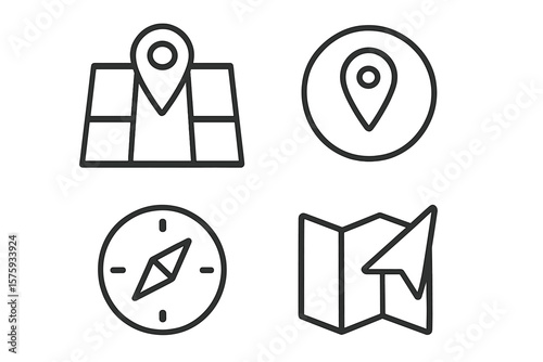 Navigation and Location Icons Set – Map Pin, GPS Marker, Compass, Navigator, Folded Map, Line Style, Web and Mobile App UI, Geolocation, Direction, Travel, Route, Wayfinding, Minimalist