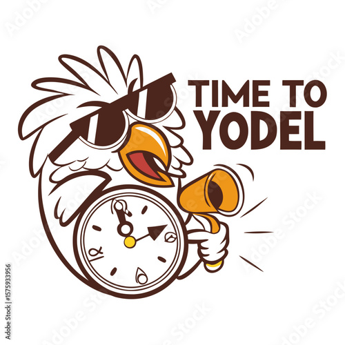 Cartoon owl with sunglasses yodeling and holding a clock