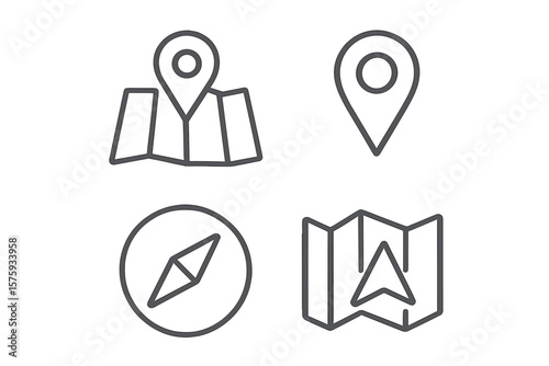 Navigation Icons Set. Map Pin, GPS Marker, Compass, Navigator Arrow, Folded Map. Line Style Vector Collection for Location, Directions, Travel, Mobile App, Web, Route, Wayfinding