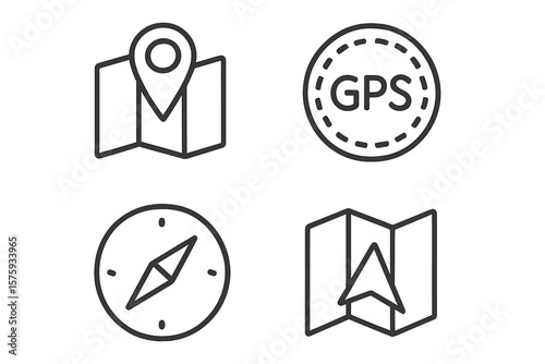 Navigation Location GPS Icons Set. Map Pin, Compass, Navigator, Marker, Folded Map, Location Symbol. Line Style Vector for Web, Mobile App, Travel, Direction, Route, Geolocation, Wayfinding