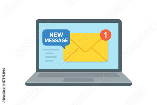New email message notification on laptop screen, unread inbox alert, online chat communication, envelope icon, digital marketing, internet mail, email interface
