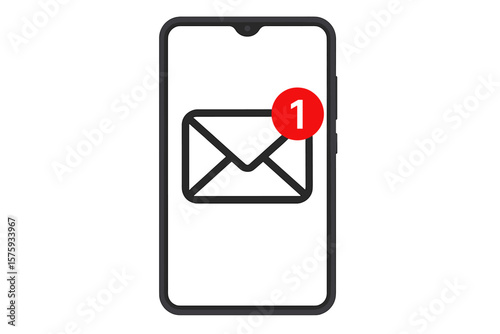 New email notification icon on smartphone screen. Unread message alert. Envelope symbol with red badge. Mobile phone communication, digital mail, inbox notification vector illustration